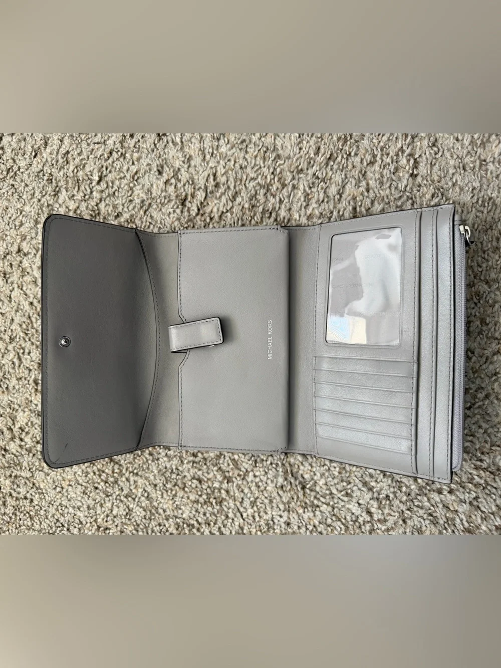 Michael Kors Light Grey Leather MK Logo Clutch Wallet